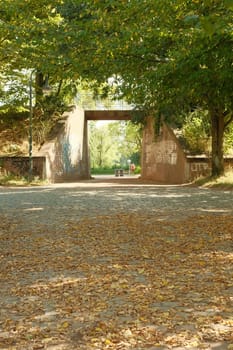 Vertical shot of an underpass with fallen leaves in Suedpark, Duesseldorf, Germany