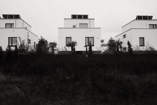 Beautiful grayscale of modern residential houses with palm trees in front in Germany