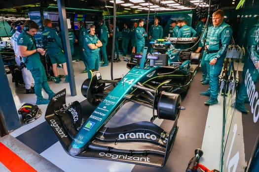 MELBOURNE, AUSTRALIA - MARCH 31: Aston Martin Aramco Cognizant Formula One Team during practice in the 2023 Australian Grand Prix at Albert Park in Melbourne, Australia