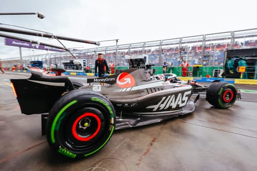 MELBOURNE, AUSTRALIA - MARCH 31: Kevin Magnussen of Denmark drives the Haas F1 VF-23 Ferrari during practice in the 2023 Australian Grand Prix at Albert Park in Melbourne, Australia