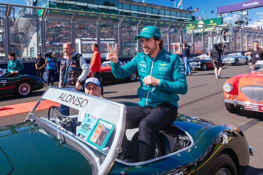 MELBOURNE, AUSTRALIA - APRIL 2: Fernando Alonso of Spain driving for Aston Martin Aramco Cognizant Formula One Team at the drivers parade before the start of the main race at the 2023 Australian Formula 1 Grand Prix on 2nd April 2023