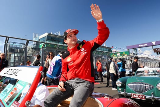 MELBOURNE, AUSTRALIA - APRIL 2: Charles Leclerc of Monaco driving for Scuderia Ferrari at the drivers parade before the start of the main race at the 2023 Australian Formula 1 Grand Prix on 2nd April 2023