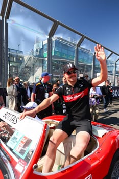 MELBOURNE, AUSTRALIA - APRIL 2: Valtteri Bottas of Finland driving for Alfa Romeo F1 Team Stake at the drivers parade before the start of the main race at the 2023 Australian Formula 1 Grand Prix on 2nd April 2023