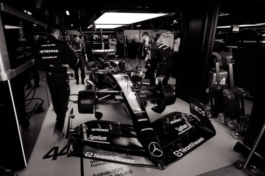 MELBOURNE, AUSTRALIA - APRIL 2: Mercedes-AMG PETRONAS Formula One Team garage before the start of the 2023 Australian Formula 1 Grand Prix on 2nd April 2023