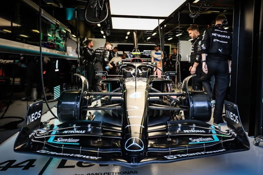 MELBOURNE, AUSTRALIA - APRIL 2: Mercedes-AMG PETRONAS Formula One Team garage before the start of the 2023 Australian Formula 1 Grand Prix on 2nd April 2023