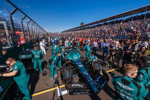 MELBOURNE, AUSTRALIA - APRIL 2: Aston Martin Aramco Cognizant Formula One Team before race start at the 2023 Australian Formula 1 Grand Prix on 2nd April 2023