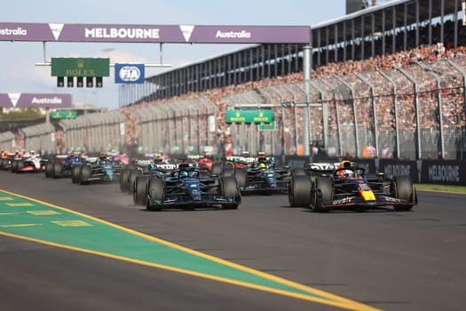 MELBOURNE, AUSTRALIA - APRIL 2: Max Verstappen of the Netherlands leads on race start at the 2023 Australian Formula 1 Grand Prix on 2nd April 2023