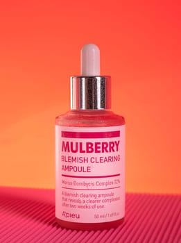 Ukraine, Khmelnitsky 04.03.2023. Korean cosmetics, A'pieu Mulberry Blemish Clearing Ampoule. High quality photo