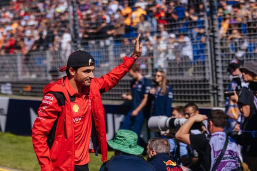 MELBOURNE, AUSTRALIA - APRIL 2: Carlos Sainz of Spain driving for Scuderia Ferrari at the drivers parade before the start of the main race at the 2023 Australian Formula 1 Grand Prix on 2nd April 2023