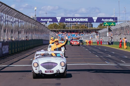 MELBOURNE, AUSTRALIA - APRIL 2: Oscar Piastri of Australia driving for McLaren Formula 1 Team at the drivers parade before the start of the main race at the 2023 Australian Formula 1 Grand Prix on 2nd April 2023