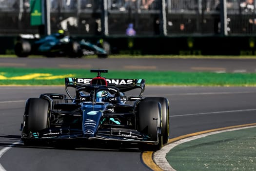 MELBOURNE, AUSTRALIA - APRIL 2: George Russell of Great Britain drives the Mercedes AMG Petronas F1 Team W13 on race day during the 2023 Australian Grand Prix on April 2, 2023 in Melbourne, Australia.