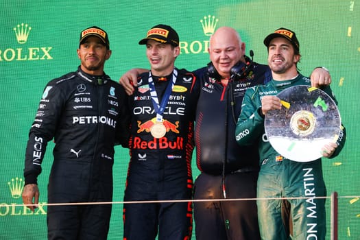MELBOURNE, AUSTRALIA - APRIL 2: Podium places go to Lewis Hamilton, Max Verstappen and Fernando Alonso on race day during the 2023 Australian Grand Prix at Albert Park on April 2, 2023 in Melbourne, Australia.