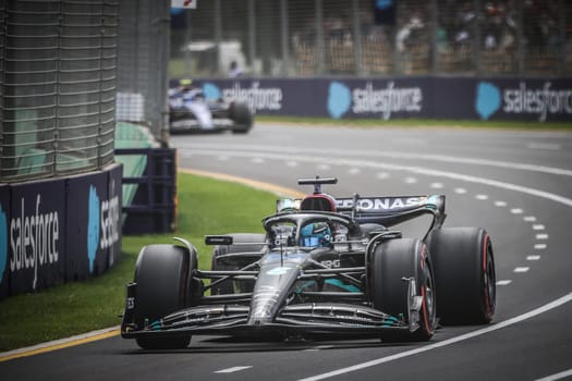 MELBOURNE, AUSTRALIA - APRIL 01: George Russell of Great Britain drives the Mercedes AMG Petronas F1 Team W13 in practice during the 2023 Australian Grand Prix on April 1, 2023 in Melbourne, Australia.