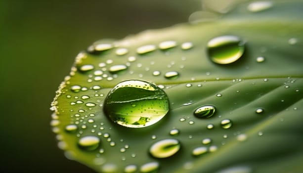 Beautiful drops of transparent rain water on a green leaf macro. Drops of dew in the morning glow in the sun. Beautiful leaf texture in nature. Natural background. download image