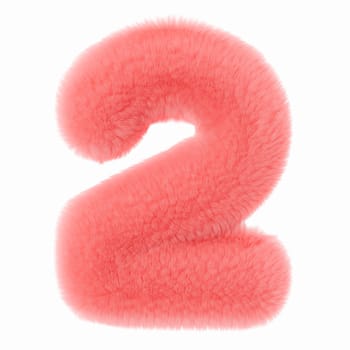 Pink and fluffy 3D number two, isolated on white background. Furry, soft and hairy symbol 2. Trendy, cute design element. Cut out object. 3D rendering