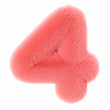 Pink and fluffy 3D number four, isolated on white background. Furry, soft and hairy symbol 4. Trendy, cute design element. Cut out object. 3D rendering