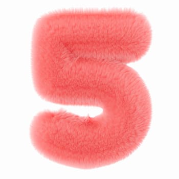 Pink and fluffy 3D number five, isolated on white background. Furry, soft and hairy symbol 5. Trendy, cute design element. Cut out object. 3D rendering