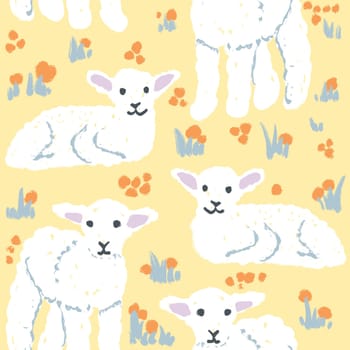 Hand drawn seamless pattern of cute white lamb sheep in spring. Easter concept, farm animal print for kids children nurserry decor, pastel drawing in yellow background