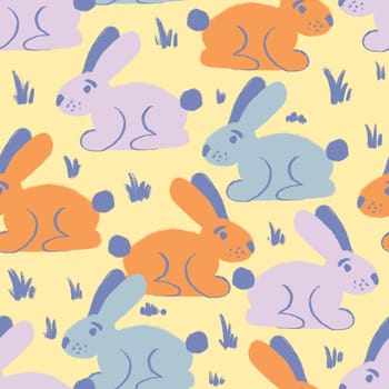 Hand drawn seamless pattern with orange blue purple Easter rabbit bunnies. Cute bunny in spring grass garden, funny cartoon kids children nursery farm animal print