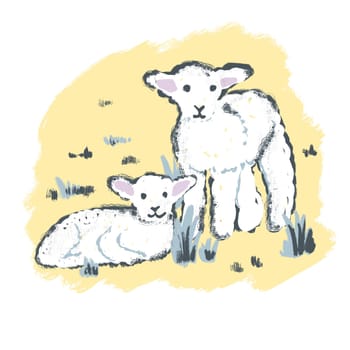 Hand drawn illustration of cute white lamb sheep in spring. Easter concept, farm animal print for kids children nurserry decor, pastel drawing in yellow background