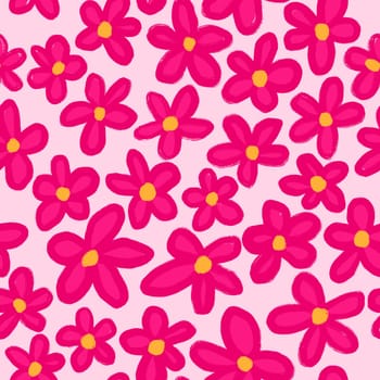 Hand drawn seamless pattern with hot hyper pink daisy flowers on pink background. Simple minimalist floral print in cartoon boho bohemian style, spring garden nature plant, romantic trendy bloom