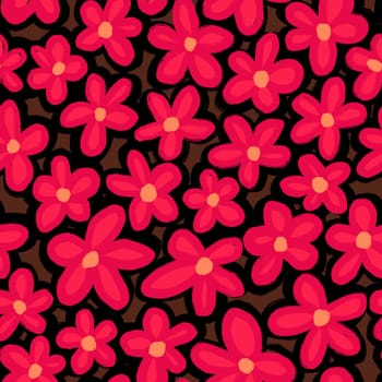 Hand drawn seamless pattern with retro 60s red daisy flowers on dark brown background. Simple minimalist floral print in cartoon boho bohemian style, spring garden nature plant, romantic trendy bloom