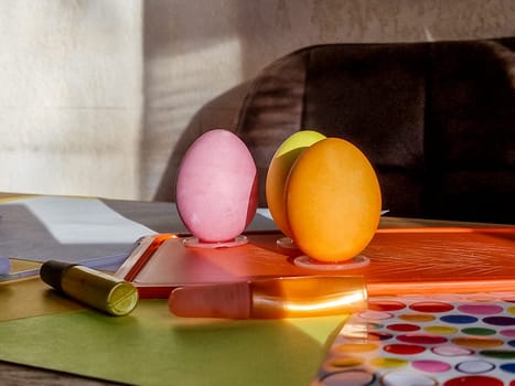 Easter nest with colorful eggs - Greeting card and spring background
