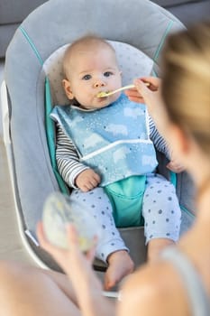 Mother spoon feeding her baby boy child in baby chair with fruit puree. Baby solid food introduction concept