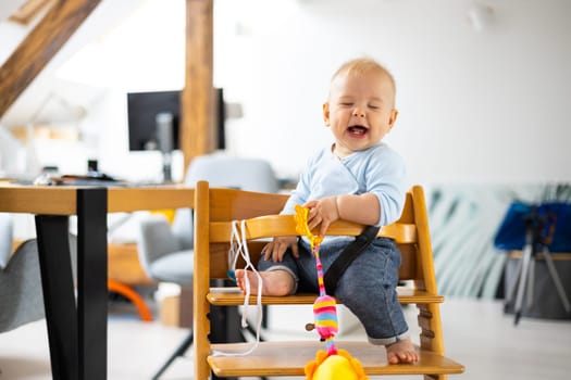 Happy infant sitting and playing with his toy in traditional scandinavian designer wooden high chair in modern bright atic home. Cute baby