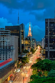 Night view of the famous Paulista Avenue, financial center of the city and one of the main places of São Paulo, Brazil