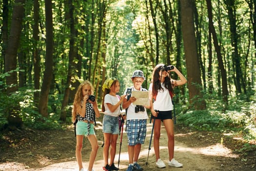 Searching for the path. Kids strolling in the forest with travel equipment.