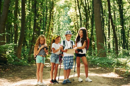 Weekend activies. Kids strolling in the forest with travel equipment.
