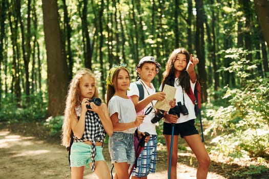 Beautiful sunlight. Kids strolling in the forest with travel equipment.