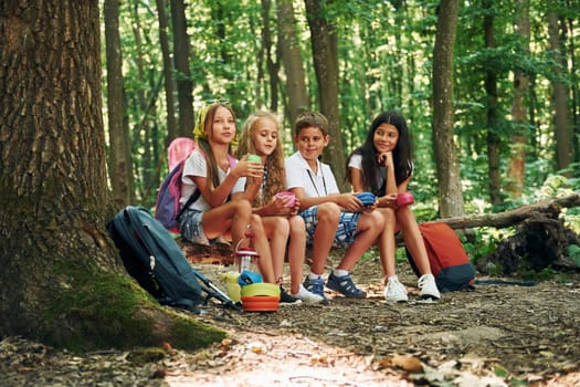 Sitting in the camp. Kids strolling in the forest with travel equipment.