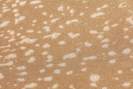 Small patches of white foam on beach sand wet from ocean water. Abstract sea / marine background.