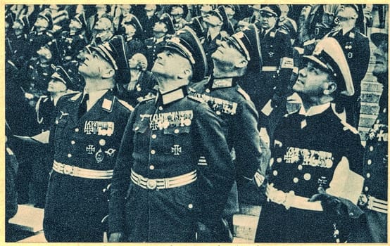 GERMANY - 1938: Senior German military commanders General Walther von Brauchitsch, General Wilhelm Keitel and Admiral Erich Raeder, 1938. Tag der wehrmacht.