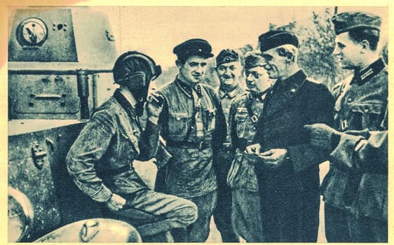 POLAND - SEPTEMBER 1939: The encounter of German and Soviet soldiers during the occupation of Poland in September 1939. The occupation of Poland by Nazi Germany and the Soviet Union during World War II,1939 -1945.