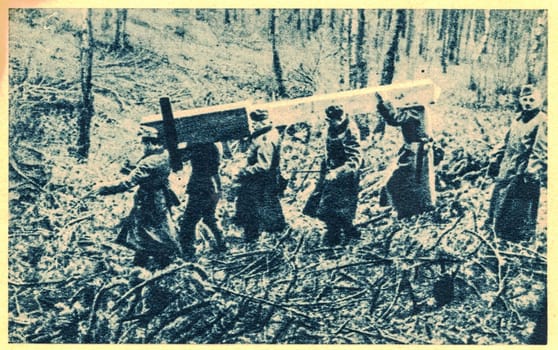 POLAND - SEPTEMBER 1939: German soldiers built the wooden marker between new border line - Germany and Soviet Union on Poland state territory.
