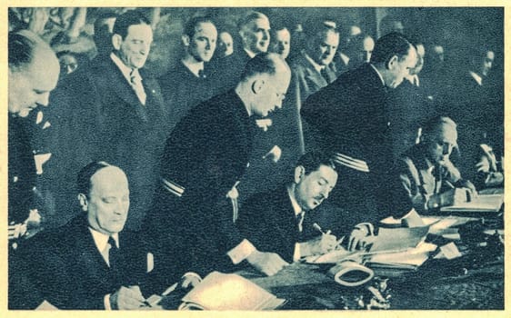 SCHLOSS BELVEDERE WIEN, AUSTRIA - MARCH 25, 1941: Yugoslavia signed the Tripartite Pact with the Axis powers. From left: Aleksandar Cincar-Markovic, Dragischa Zwetkowitsch and Joachim von Ribbentrop