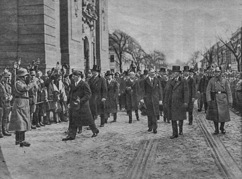 POTSDAM, GERMANY - MARCH 21, 1933: Adolf Hitler with his cabinet ministers en-route to the Garrison Church on the 'Day of Potsdam. Reproduction of antique photo.