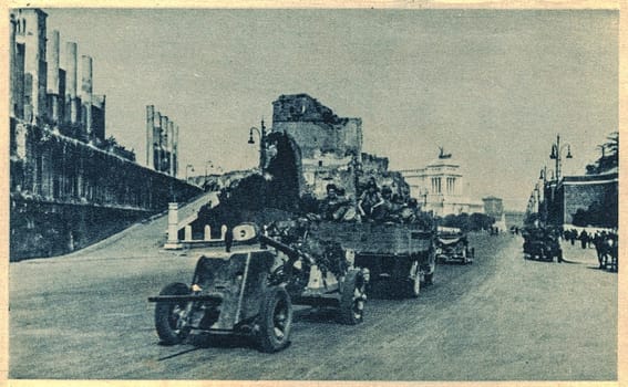 ROME, ITALY - JUNE 4, 1944: The american troops led by general Clark drive along Via dell'Impero in Rome.