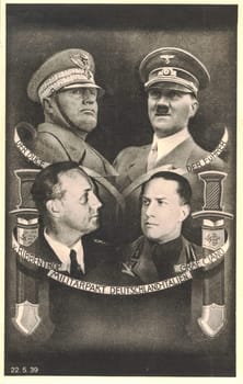 GERMANY - 1939: The Pact of Steel, known formally as the Pact of Friendship and Alliance between Germany and Italy, was a military and political alliance between Italy and Germany. Poistcard from 1939.
