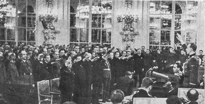 PRAGUE, PROTECTORATE OF BOHEMIA AND MORAVIA - 1941: Reinhard Heydrich and Czechs during ceremonial in the Spanish Hall at Prague castle.