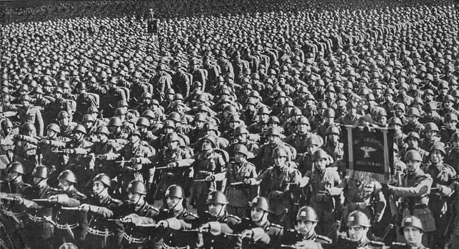 GERMANY - 1930s: The march of fascist militia. Parade of nazis militia during thirties.