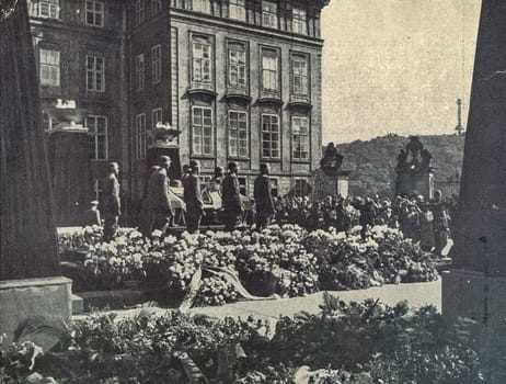 PRAGUE, PROTECTORATE OF BOHEMIA AND MORAVIA - JUNE 7, 1942: An elaborate funeral held in Prague on 7 June 1942, Heydrich's coffin surrounds nazis soldiers. The train of mourners was dispatched from Prague castle.