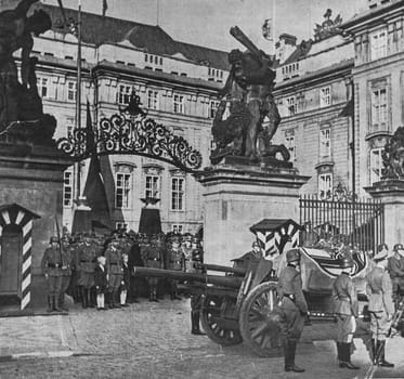 PRAGUE, PROTECTORATE OF BOHEMIA AND MORAVIA - JUNE 7, 1942: An elaborate funeral held in Prague on 7 June 1942, Heydrich's coffin on gun carriage. The train of mourners was dispatched from Prague castle.