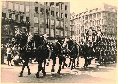 GERMANY - CIRCA 1970s: Traditional festivities in German. At the picture are horses pull wagon.