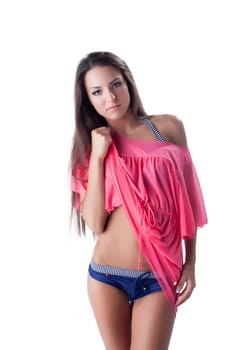 Beautiful girl posing in comfortable beachwear, close-up