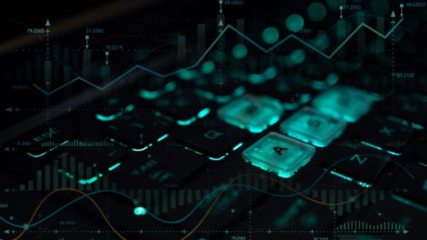 Close-up shot of keyboard with glowing business icons. Concept of business, finance, investment.