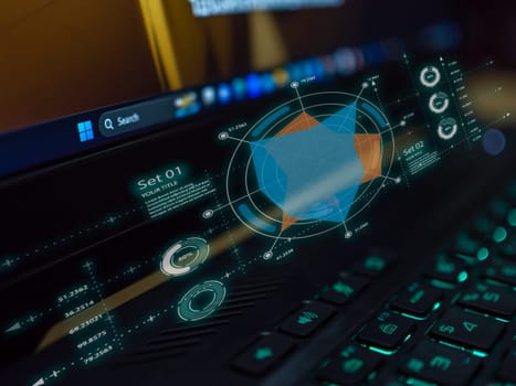 Close-up shot of a computer with icons Glowing business chart. Concept of business, finance, investment.